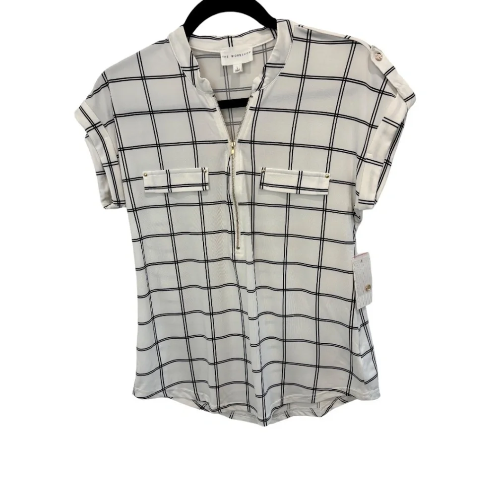 The Workshop Cap Sleeve 1/4 Zip Black White Plaid Top Size Large NWT - Picture 1 of 4